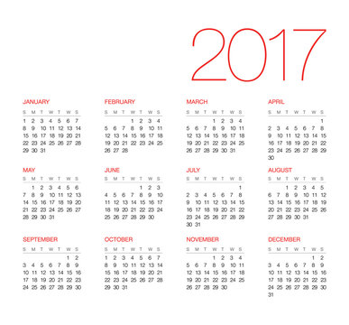 Calendar 2017, white background. Vector, EPS10.