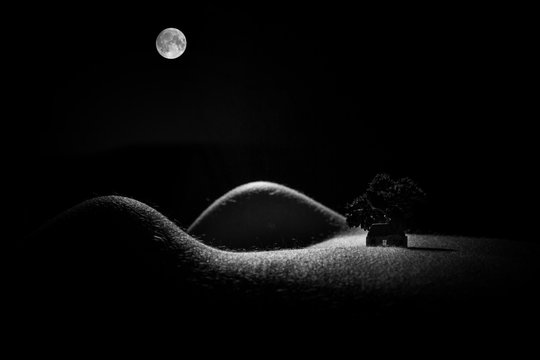 Monochrome bodyscape with a little house, that looks like a night landscape