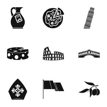 Country Italy icons set. Simple illustration of 9 country Italy vector icons for web