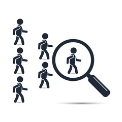Search leader business concept with magnifying glass. Crowd following behind the team leader. Looking for employees and job, business, human resource, talent. Vector teamwork illustration.