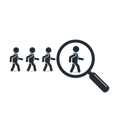 Search leader business concept with magnifying glass. Crowd following behind the team leader. Looking for employees and job, business, human resource, talent. Vector teamwork simple illustration.