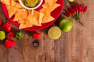 Guacamole and nacho chips. 