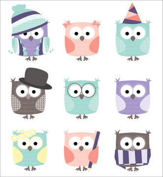 set of cute cartoon owls