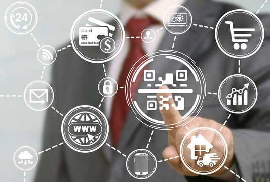 Scan qr code business iot concept success internet shopping. Mobile identification sign. Line and dot code shop icon, scanning barcode. Network, team, online, finance, buy, payment, smart.