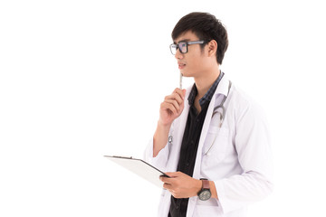 Male Doctor standing with folder, isolated on white background.