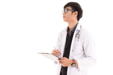 Male Doctor standing with folder, isolated on white background.