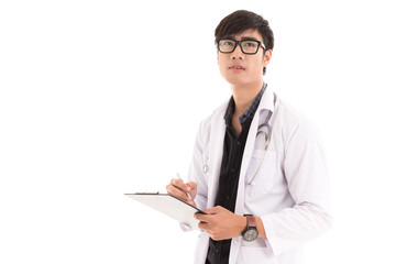 Male Doctor standing with folder, isolated on white background.