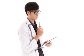 Male Doctor standing with folder, isolated on white background.