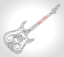 Blues. Word cloud, guitar, gradient grey background. Music concept.	