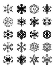 Set of different black snowflakes on a white background