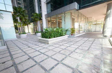 entrance of modern office building , wide angle lens .