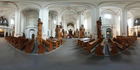 Church of St. Francis and St. Bernard interior 360 vr panorama, Vilnius, Lithuania