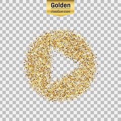 Gold glitter vector icon of play isolated on background. Art creative concept illustration for web, glow light confetti, bright sequins, sparkle tinsel, abstract bling, shimmer dust, foil.