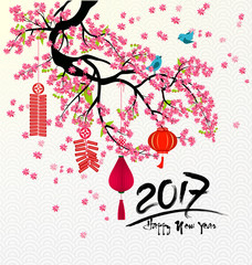 Happy new year 2017 with flowers and chinese new year