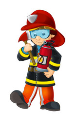Cartoon happy and funny fireman with oxygen tank axe and extinguisher - isolated - illustration for children