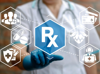 Medicine, healthcare concept - doctor presses rx icon. Drug treatment health insurance medical...