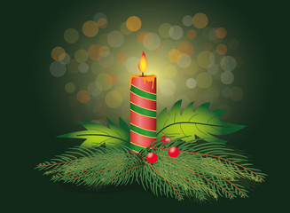 vector illustration of christmas candle with fir tree branch and bokeh background
