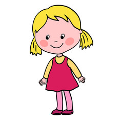 Pretty girl stands and looks in lower corner