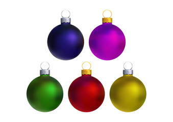 Set of realistic christmas balls in five different colors with matte glitter isolated on white background. Vector illustration