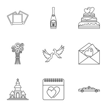 Marriage icons set. Outline illustration of 9 marriage vector icons for web