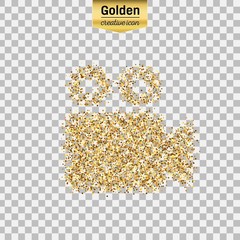 Gold glitter vector icon of video camera isolated on background. Art creative concept illustration for web, glow light confetti, bright sequins, sparkle tinsel, abstract bling, shimmer dust, foil.