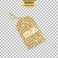 Gold glitter vector icon of tag discounted isolated on background. Art creative concept illustration for web, glow light confetti, bright sequins, sparkle tinsel, abstract bling, shimmer dust, foil.