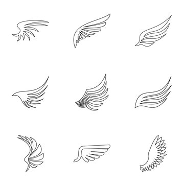 Wings of bird icons set. Outline illustration of 9 wings of bird vector icons for web