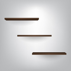 Dark brown wood shelves on gray background