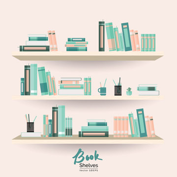 Bookshelves with books and stationery