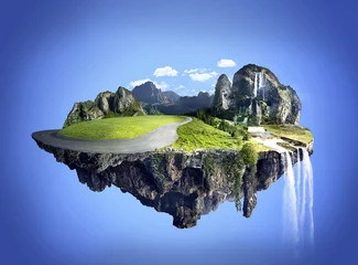 Fotobehang Verbazingwekkend fantasielandschap met drijvende eilanden, waterval en fi © chinheng