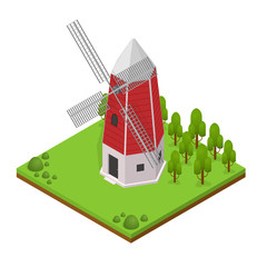 Traditional Old Windmill Isometric View. Vector