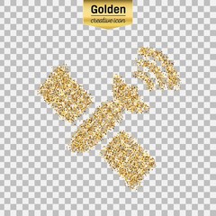 Gold glitter vector icon of satellite isolated on background. Art creative concept illustration for web, glow light confetti, bright sequins, sparkle tinsel, abstract bling, shimmer dust, foil.