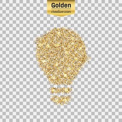 Gold glitter vector icon of bulb isolated on background. Art creative concept illustration for web, glow light confetti, bright sequins, sparkle tinsel, abstract bling, shimmer dust, foil.