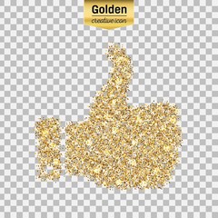 Gold glitter vector icon of thumbs up isolated on background. Art creative concept illustration for web, glow light confetti, bright sequins, sparkle tinsel, abstract bling, shimmer dust, foil.