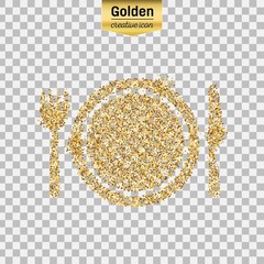 Gold glitter vector icon of plate with knife and fork isolated on background. Art creative concept illustration for web, glow light confetti, bright sequins, sparkle tinsel, logo, shimmer dust, foil.