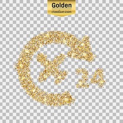 Gold glitter vector icon of airplane isolated on background. Art creative concept illustration for web, glow light confetti, bright sequins, sparkle tinsel, bling logo, shimmer dust, foil.