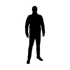 Man standing in feather jacket, vector silhouette