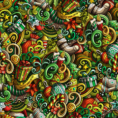 Cartoon cute doodles New Year seamless pattern