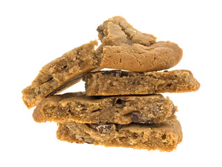 Double chocolate chip cookie broken in a stack isolated on a white background.
