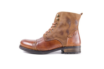 male boots brown leather on white background, isolated product, top view