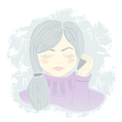  girl in the window, winter cute illustration, of a woman talking on the phone