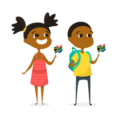 Vector illustration of two cartoon kids with the flags of South Africa.