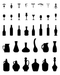 Silhouettes of bowls, bottles, glasses and corkscrew, vector
