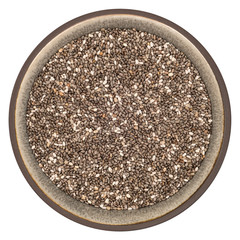 Organic chia seeds in ceramic bowl isolated on white background, top view