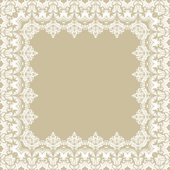 Classic square frame with arabesques and orient elements. Abstract fine ornament with place for text. Golden and white pattern