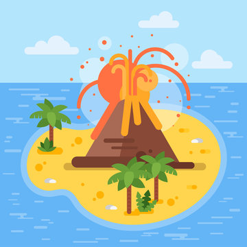 Vector flat style illustration of volcano on tropical island.