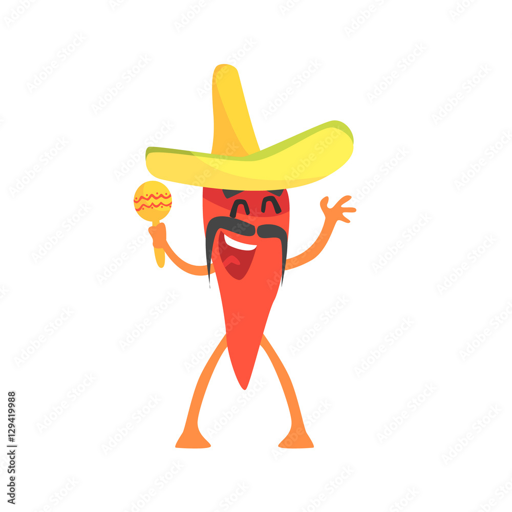 Sticker Red Hot Chili Pepper Humanized Emotional Flat Cartoon Character With Sombrero And Maracas