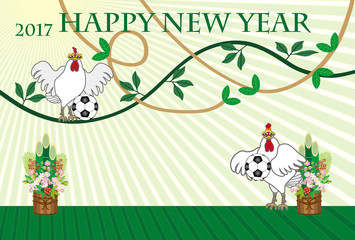 サッカーボールとニワトリのイラスト年賀状テンプレート