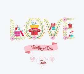 Valentines Day romantic card with floral and gifts