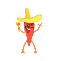 Red Hot Chili Pepper Humanized Emotional Flat Cartoon Character With Sombrero And Maracas